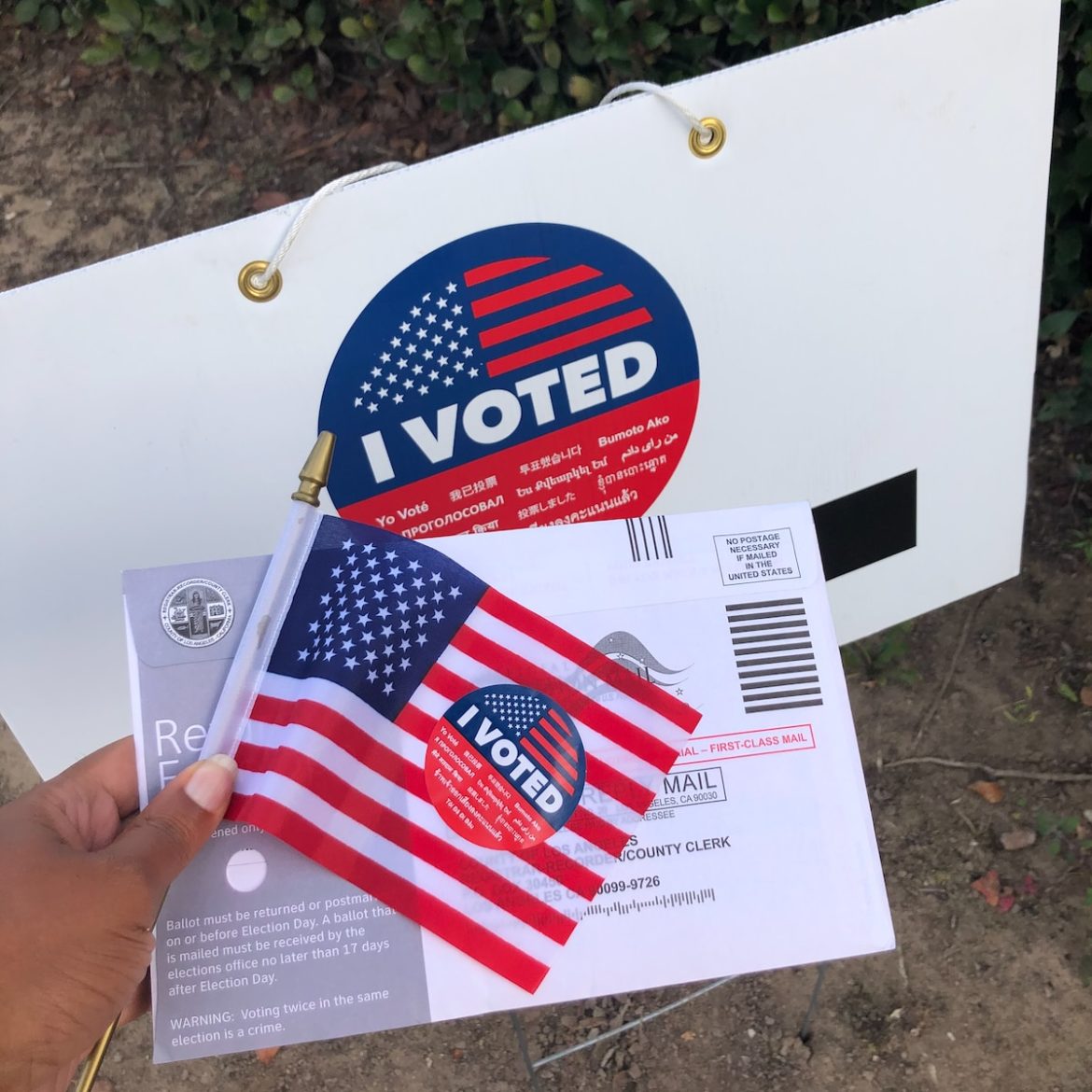 Person holding a flag and a stamp that already voted.