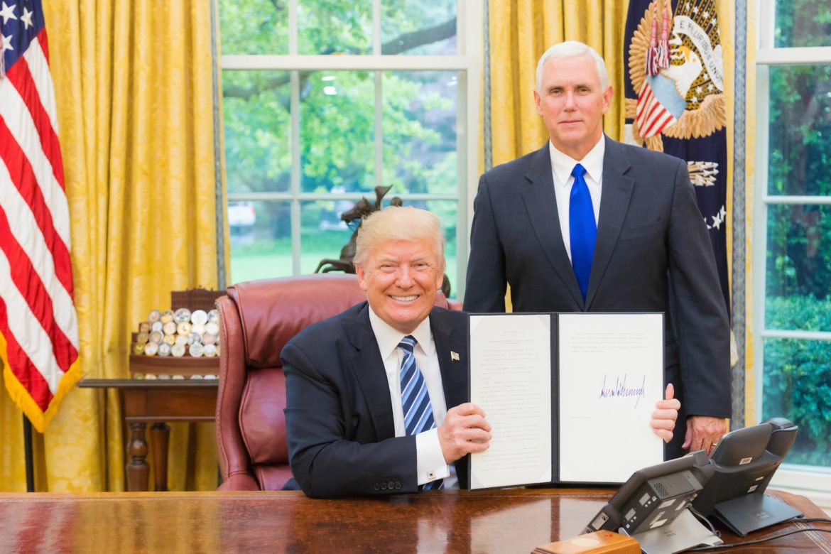 Donald Trump president and Mike Pence in oval office White House